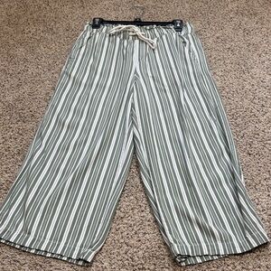 Striped Olive Green and White Wide-Leg Drawstring Ankle Pants
